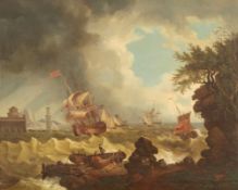 Künstler um 1800- Schiffe vor der Küste bei stürmischer See - Öl/Lwd. 85 x 107 cm. Rahmen.