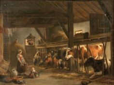 Jan van Ravenzwaay1789 Hilversum - 1869 Hilversum - Bäuerliche Szene im Kuhstall - Öl/Lwd. Doubl. 52