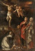 Künstler des 18. Jahrhunderts- Christus am Kreuz nebst den zwei Marien und zwei Märtyrern - Öl/Holz.