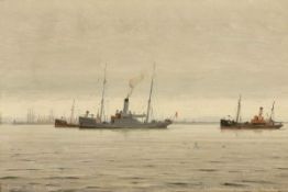 Christian Benjamin Olsen1873 Odense - 1935 Kopenhagen - Dänisches Kriegsschiff sowie Trawler vor der