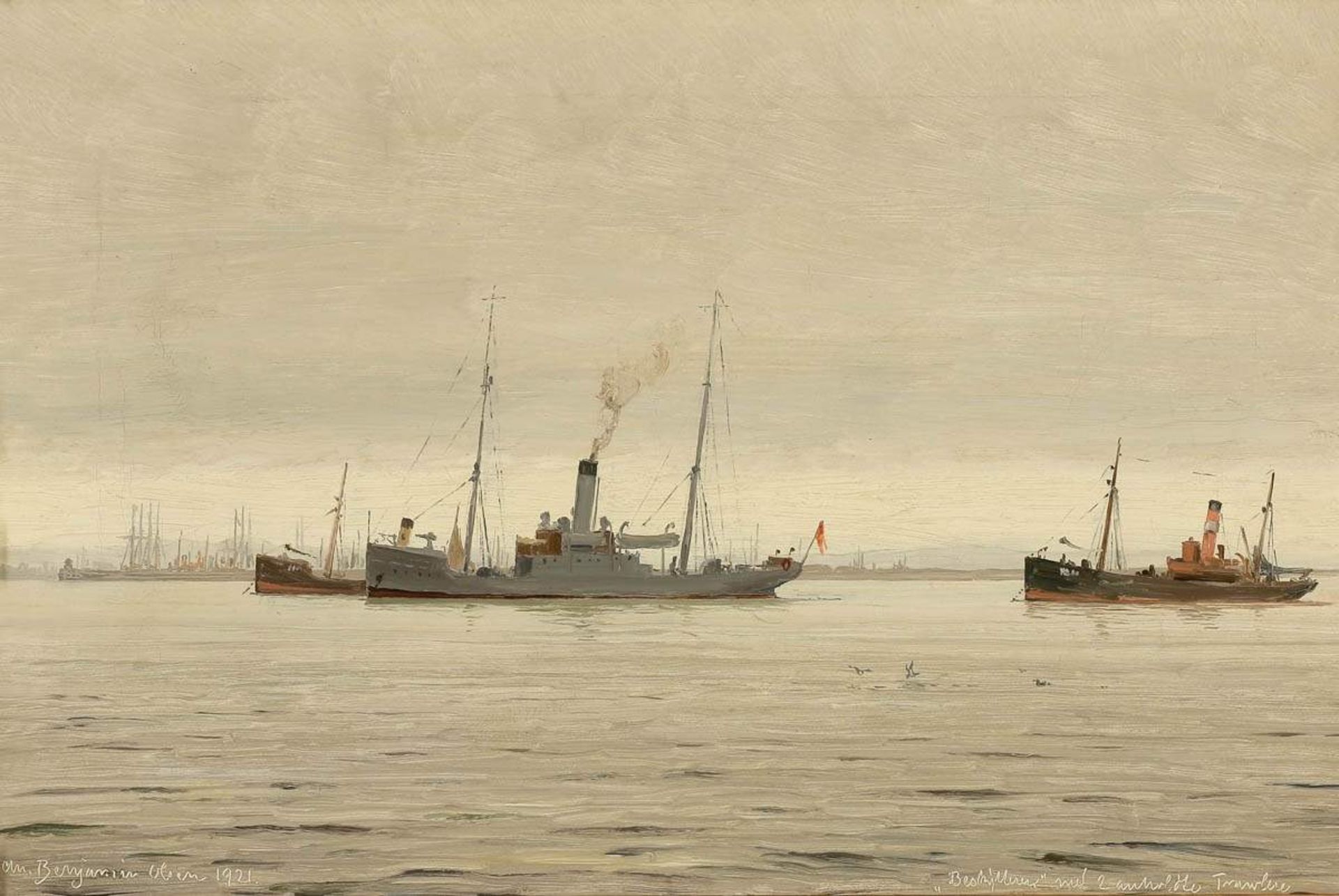 Christian Benjamin Olsen1873 Odense - 1935 Kopenhagen - Dänisches Kriegsschiff sowie Trawler vor der