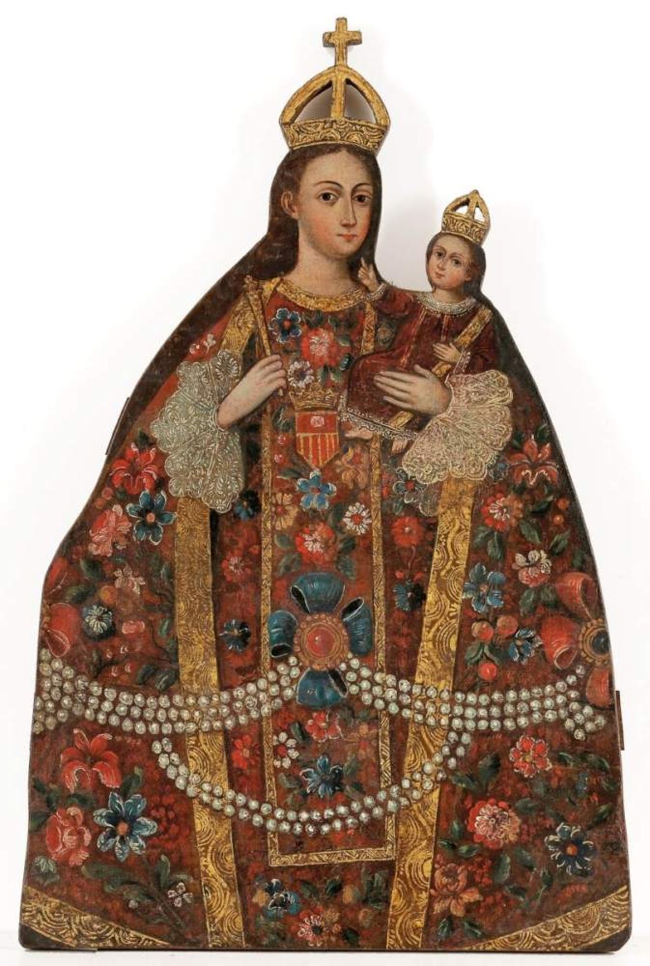 Künstler der Cusco-Schule- Maria mit Kind - Öl/Lwd. auf passige Holztafel (späteren Datums). 58 x