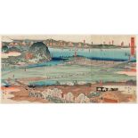 Utagawa Hiroshige III1843 - 1894 wohl - Triptychon - Farbholzschnitt. 37 x 73,5 cm. Mehrer Falze.