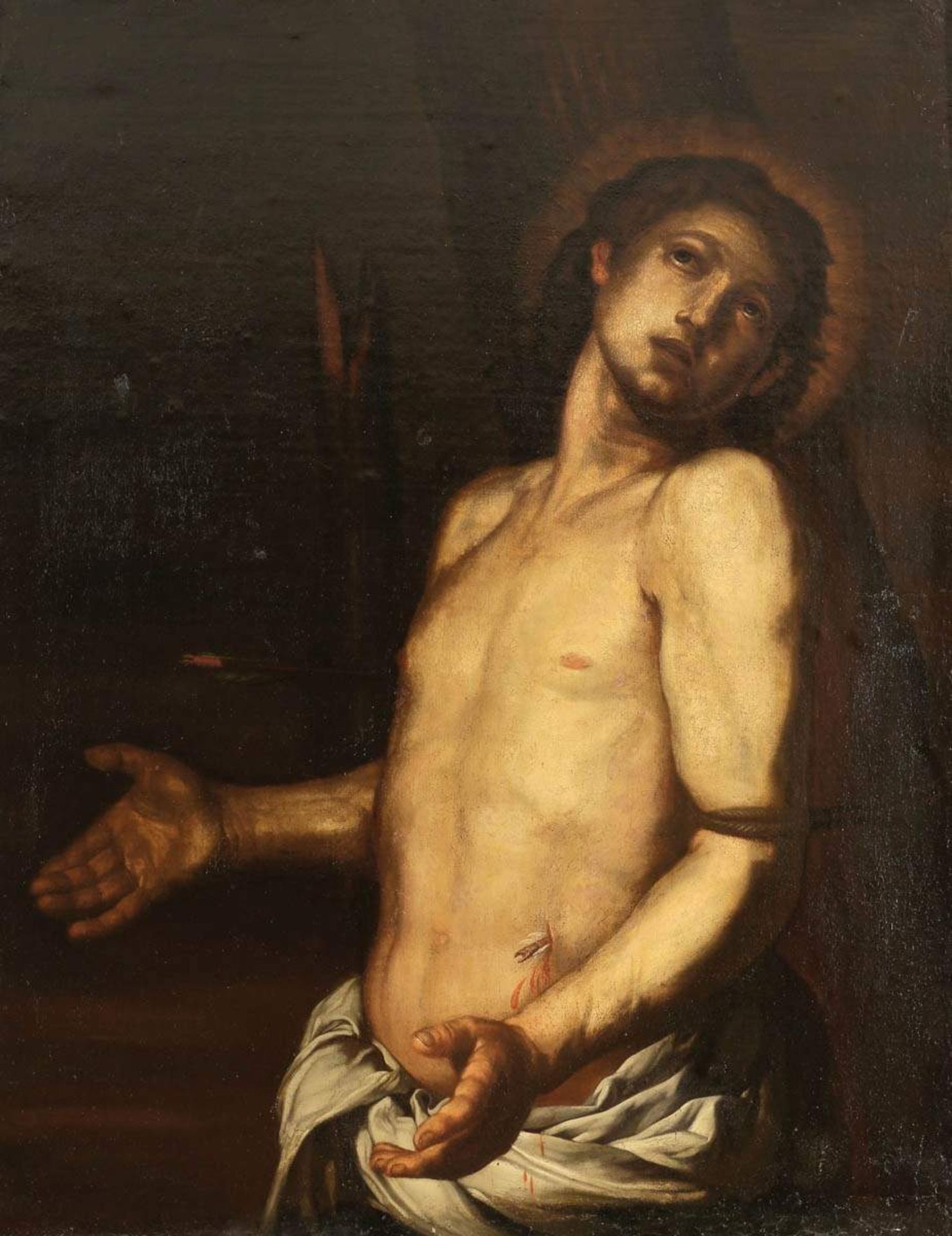 Italienischer Künstler um 1700- Das Martyrium des Hl. Sebastian - Öl/Lwd. Doubl. 104 x 81 cm.