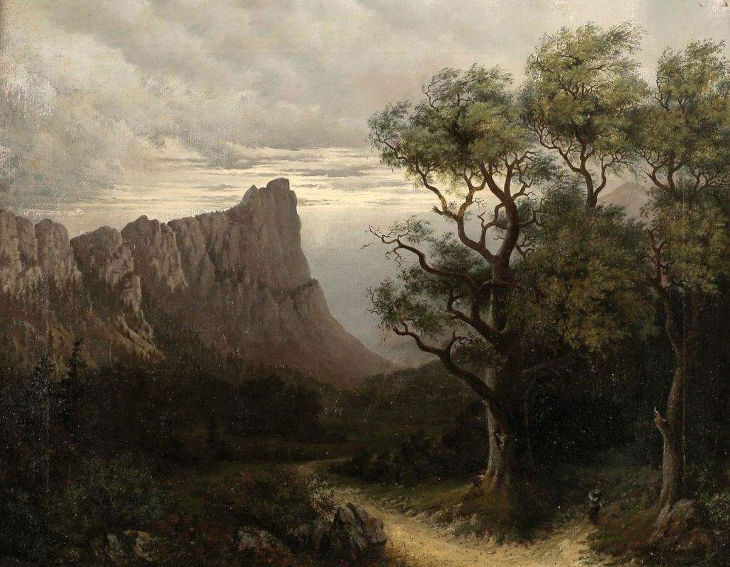 Künstler des 19. Jahrhunderts- Wanderer in romantischer Gebirgslandschaft - Öl/Lwd. 48,5 x 63 cm.