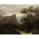 Künstler des 19. Jahrhunderts- Wanderer in romantischer Gebirgslandschaft - Öl/Lwd. 48,5 x 63 cm.