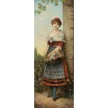 Julius KahrerKünstler um 1900 - Mädchen mit Blumenkorb - Öl/Lwd. 84,5 x 34 cm. Sign. r. u.: J. Ka(