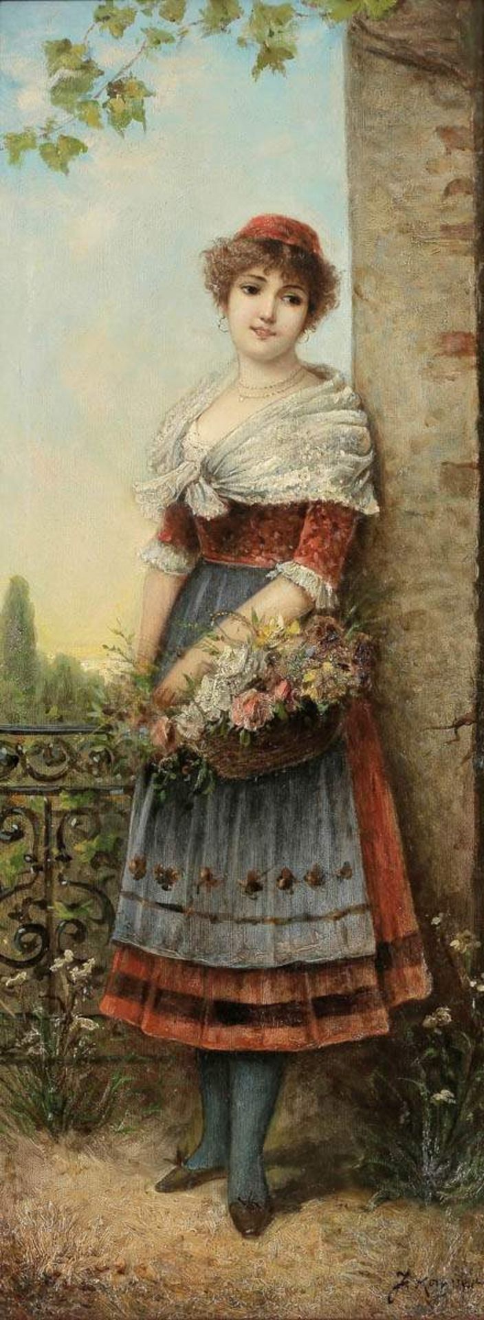 Julius KahrerKünstler um 1900 - Mädchen mit Blumenkorb - Öl/Lwd. 84,5 x 34 cm. Sign. r. u.: J. Ka(