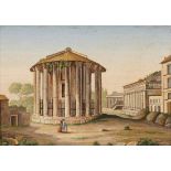 Römische Schule um 1800- Tempel der Vesta - Mikromosaik. 9,5 x 12,8 cm. Verso auf altem