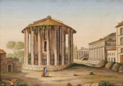 Römische Schule um 1800- Tempel der Vesta - Mikromosaik. 9,5 x 12,8 cm. Verso auf altem