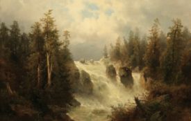 Josef Thoma1828 Wien  - 1899 Wien - "Norwegischer Wasserfall" - Öl/Lwd. 69 x 105,5 cm. Sign. r.