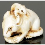 NetsukeJapan, 19. Jahrhundert. - Ratten - Elfenbein. H. 3,5 cm. Eine Ratte, die ein Junges auf dem