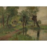 August Voigt-Fölger1836 Hannover - 1918 Hannover - Wiesenweg mit Bachlauf - Öl/Lwd. auf Holz. 58 x