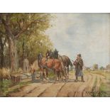 Karl Rohrhirsch1875 München - 1954 Greding - Heuernte / Pferde an der Tränke - Öl/Holz (2). Je 8,5 x
