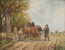 Karl Rohrhirsch1875 München - 1954 Greding - Heuernte / Pferde an der Tränke - Öl/Holz (2). Je 8,5 x