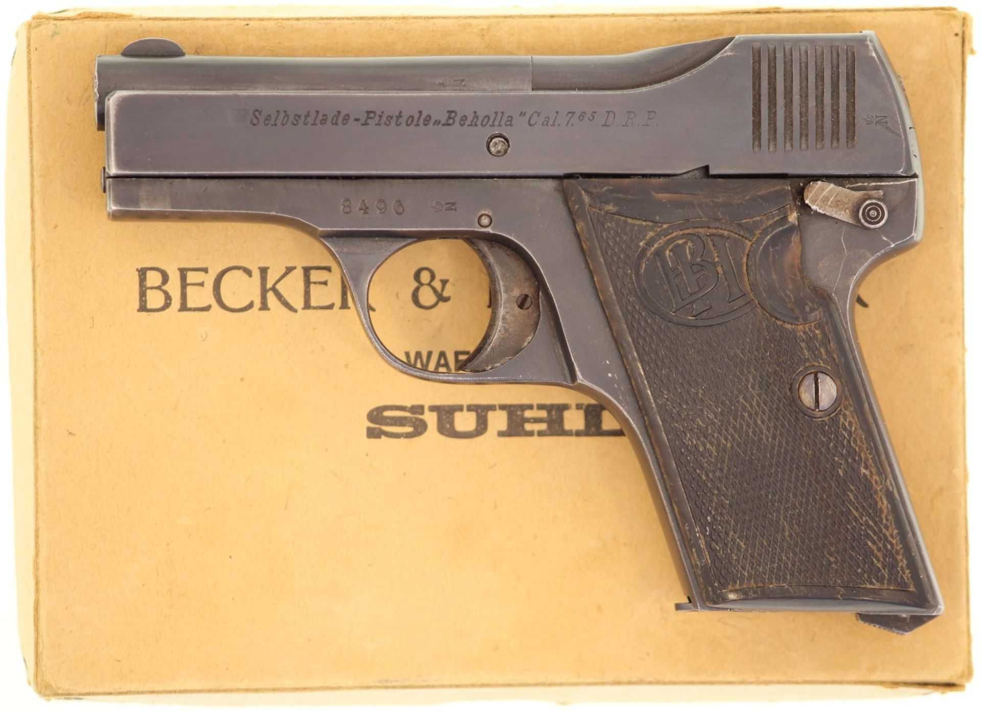 Selbstladepistole Beholla Kal. 7.65mm. Streichbrünierte neuwertige Waffe, braune gepresste
