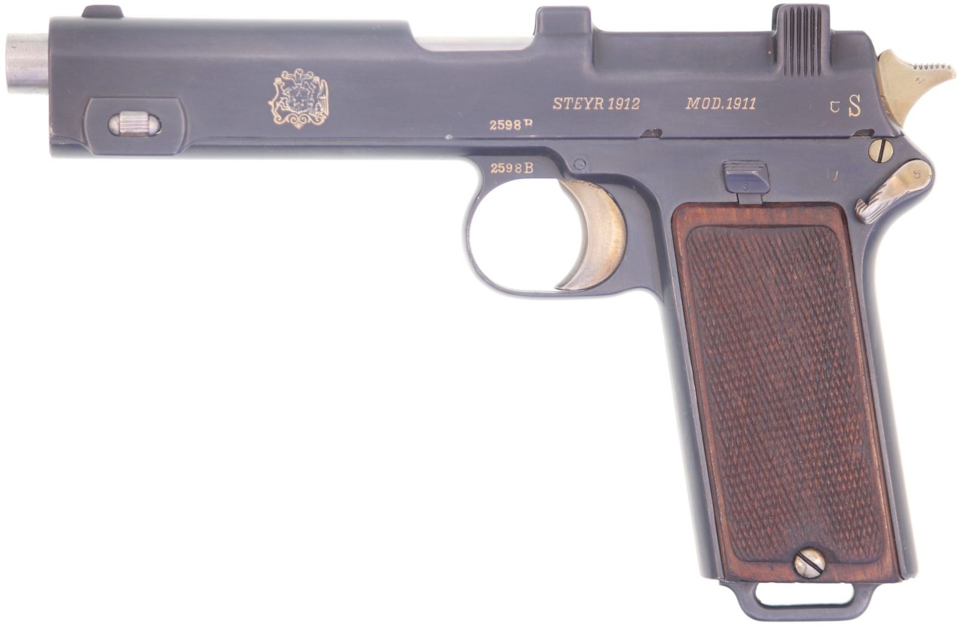 Pistole, Chilenische Ordonnanz, Steyr 1912 Mod. 1911, Kal. 9mmSteyr. Durch die Waffenfabrik Steyr
