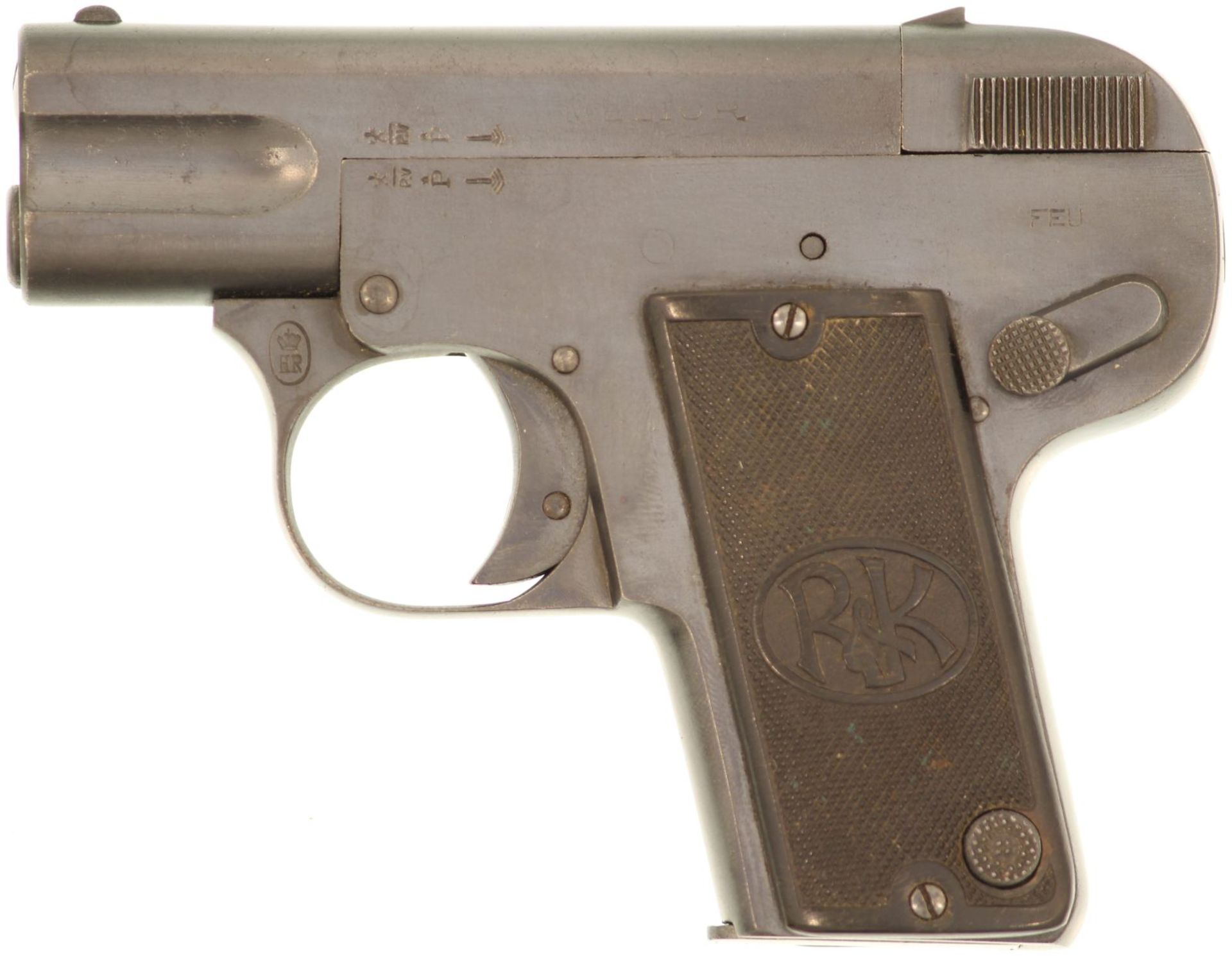 Taschenpistole Melior 1.Modell Kal. 6.35mm. Streichbrünierte Waffe, von der Konstruktion her eine