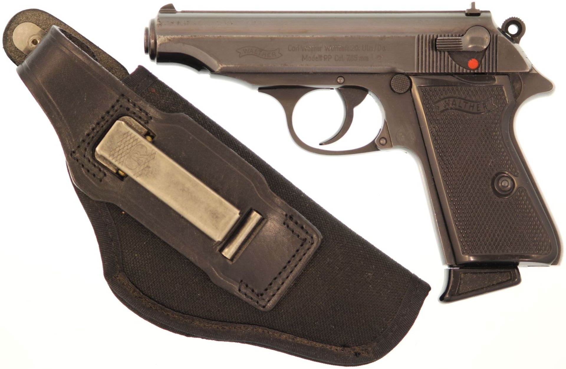 Pistole, Walther PP, Kal. 7.65mm. Hochplanzbrünierte Spannabzugpistole, Ulmer-Fertigung, Sicherung/