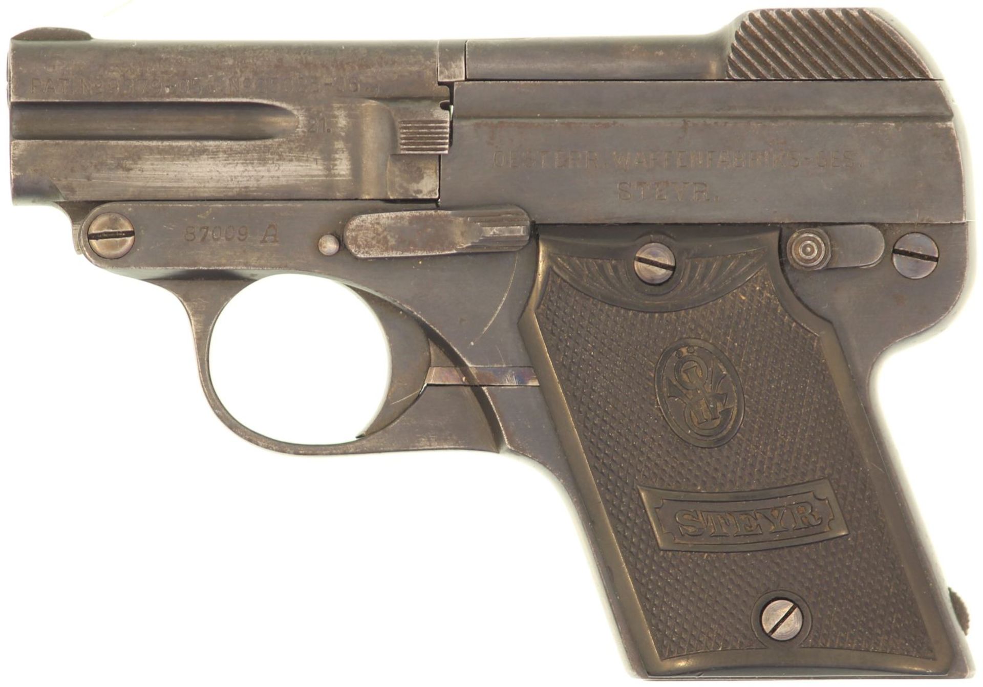 Taschenpistole Steyr 1909 Kal. 6.35mm. Waffe aus der A-Erstserie, Kipplauf nach Pieper's Patent
