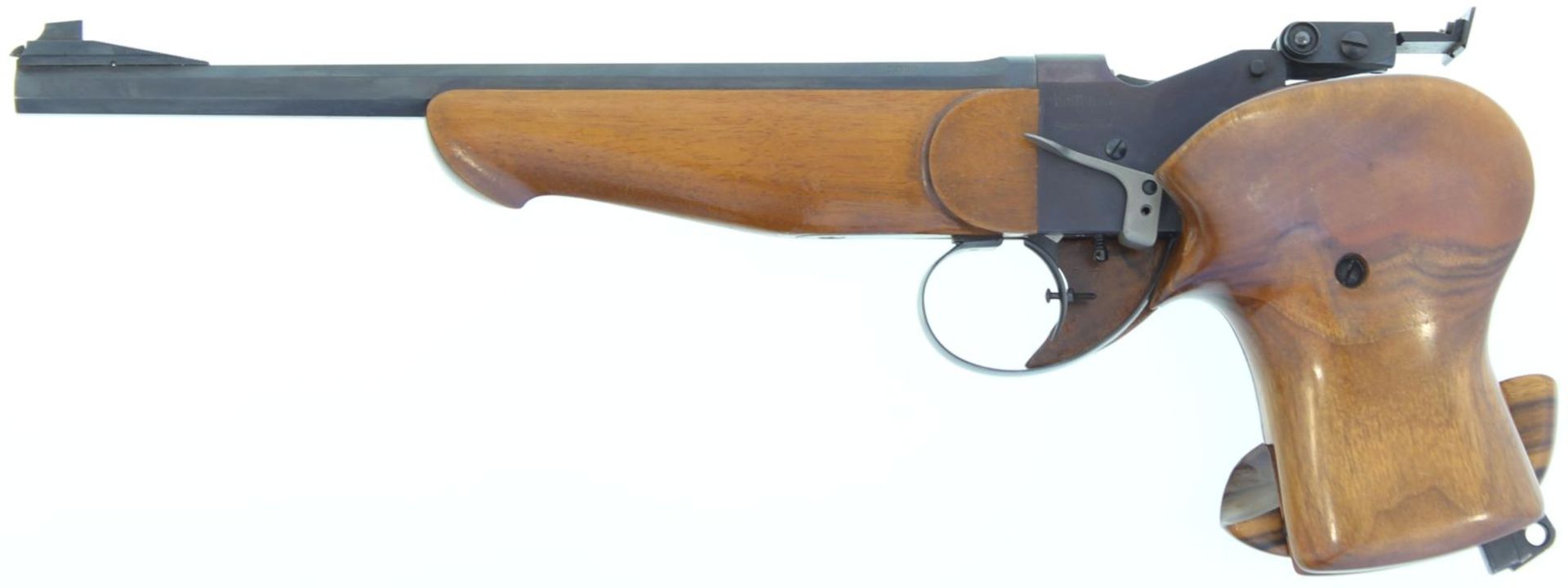 Matchpistole Hämmerli Mod.103, Kal. .22LR. Martini-Fallblocksystem mit fünffachem Stecher, brüniert.