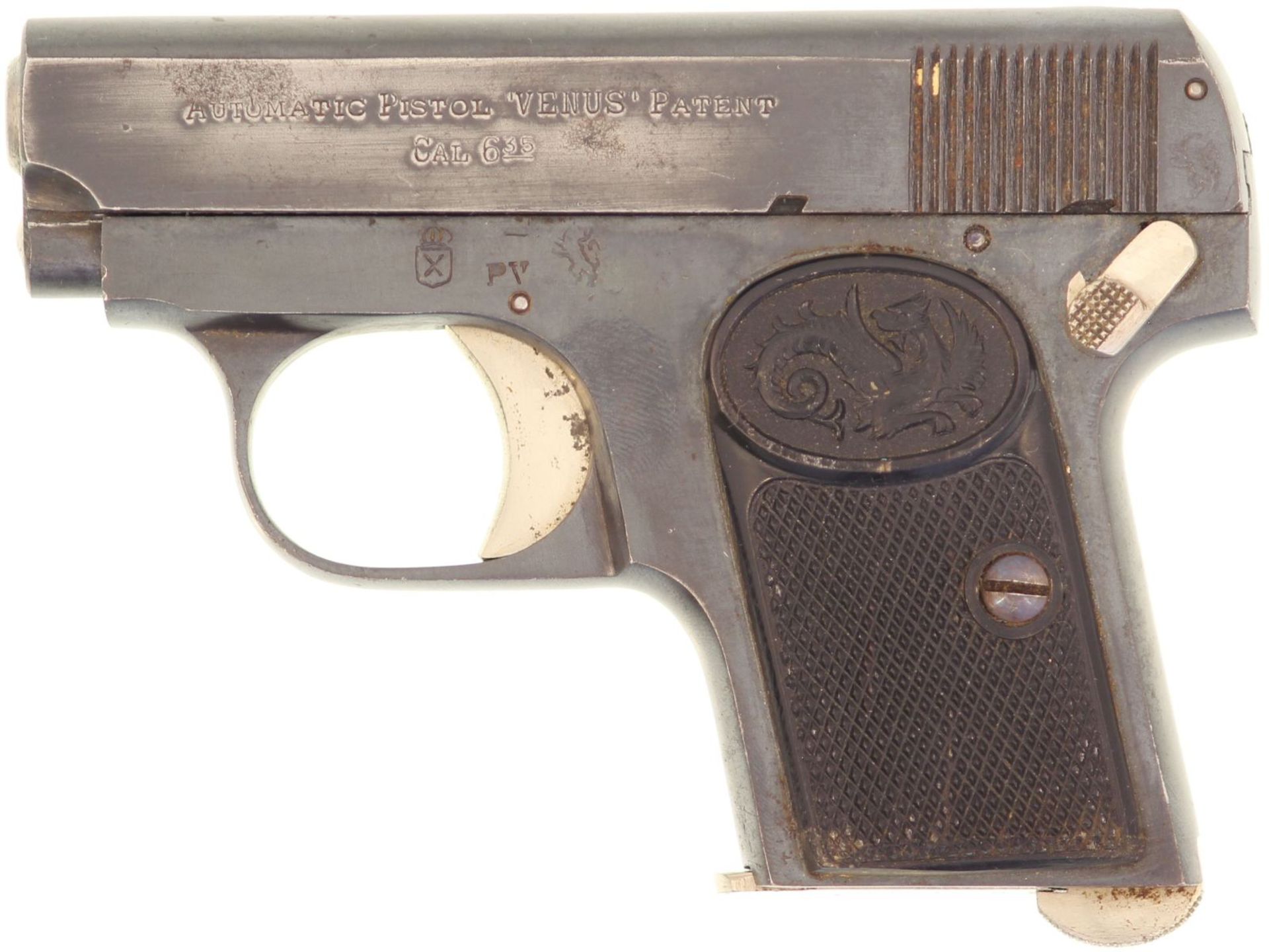 Taschenpistole, Venus, Kal. 6.35mm. Brünierte Waffe mit Schlagbolzenschloss Eibar Typ, hergestellt
