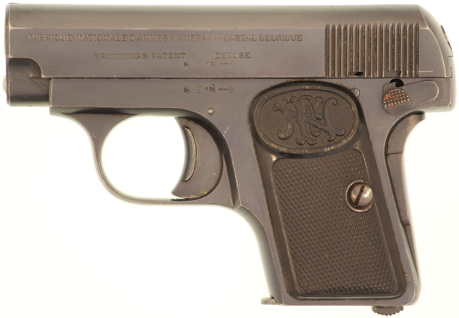 Taschenpistole FN 1906, Kal. 6.35mm. Ausführung mit 3-facher Sicherung, brünierte Ausführung mit