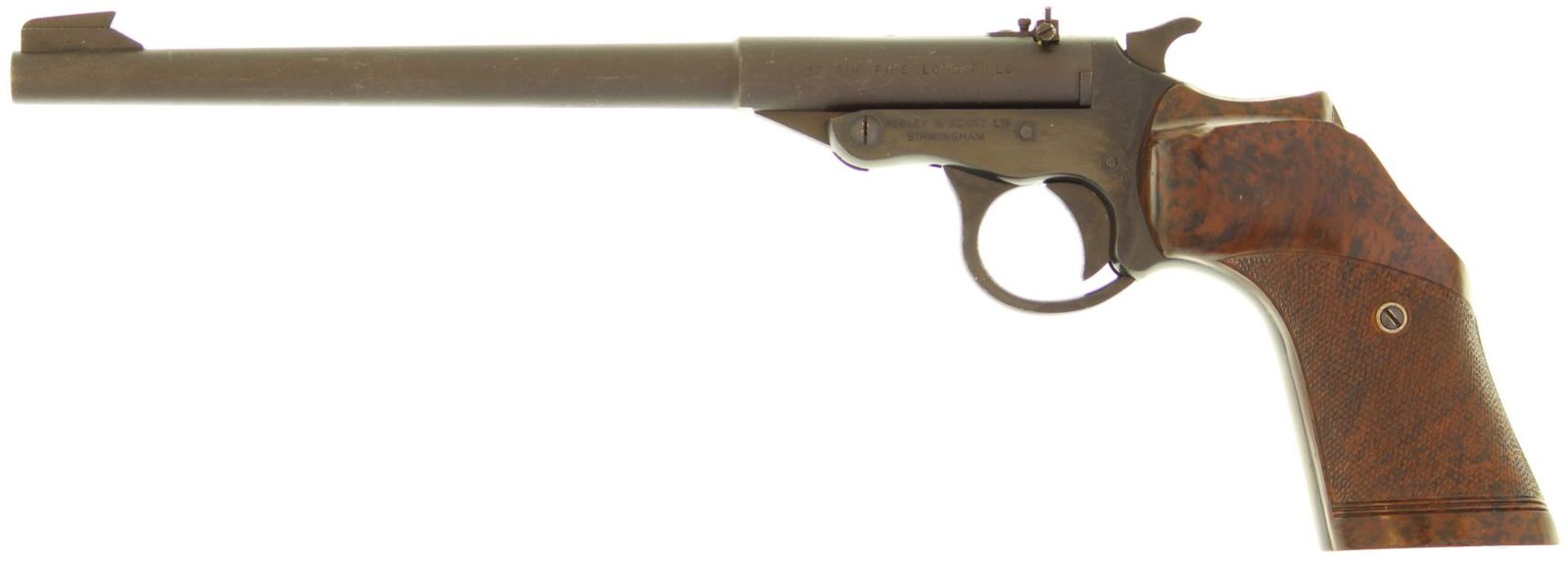 Matchpistole Webley Single-Shot Kal. .22LR. Kipplaufmodell mit Rouxverschluss und aussenliegendem