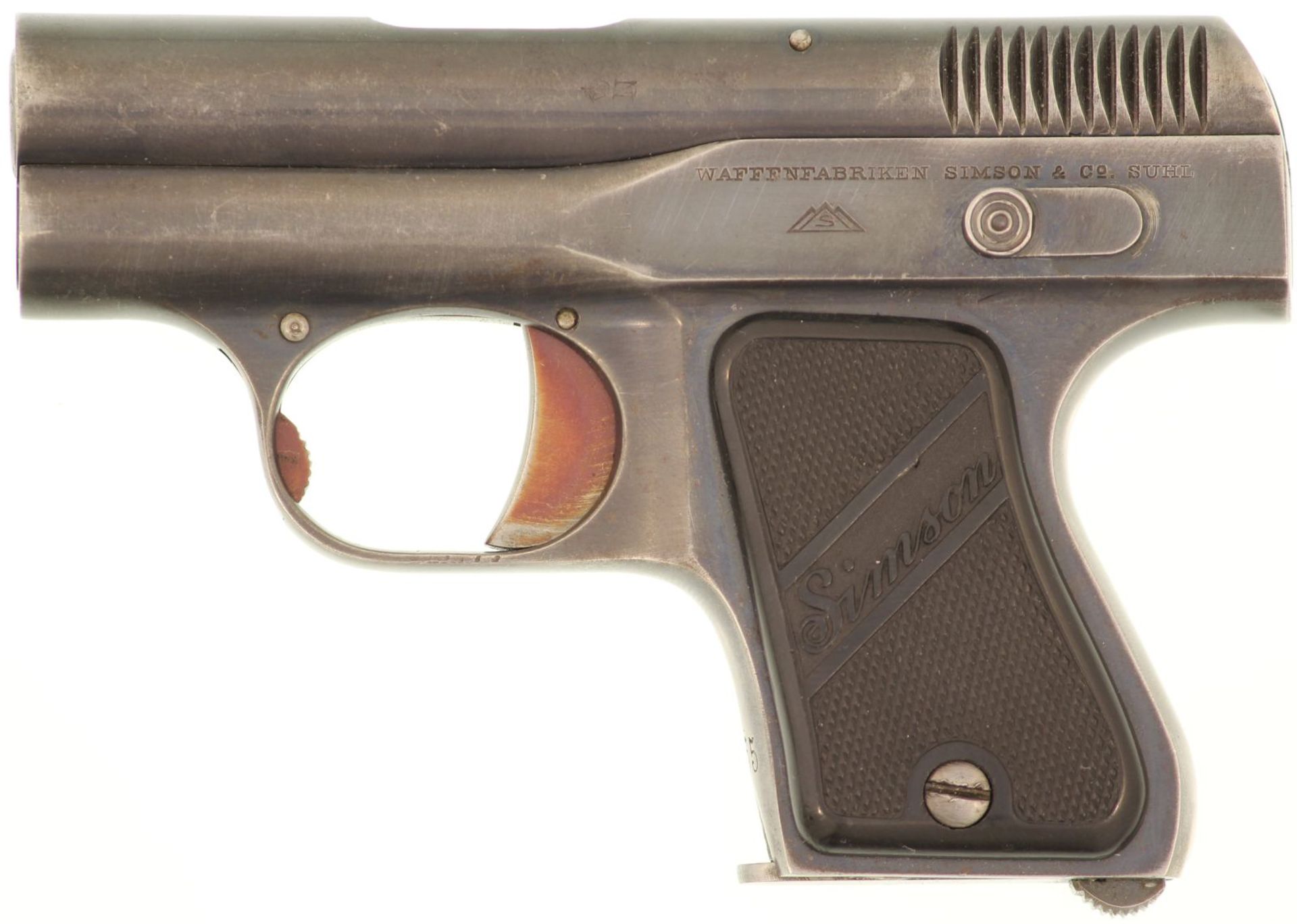 Taschenpistole, Simson Kal. 6.35 mm. Hergestellt von Waffenfabriken Simson & Co., Suhl. Schwarze