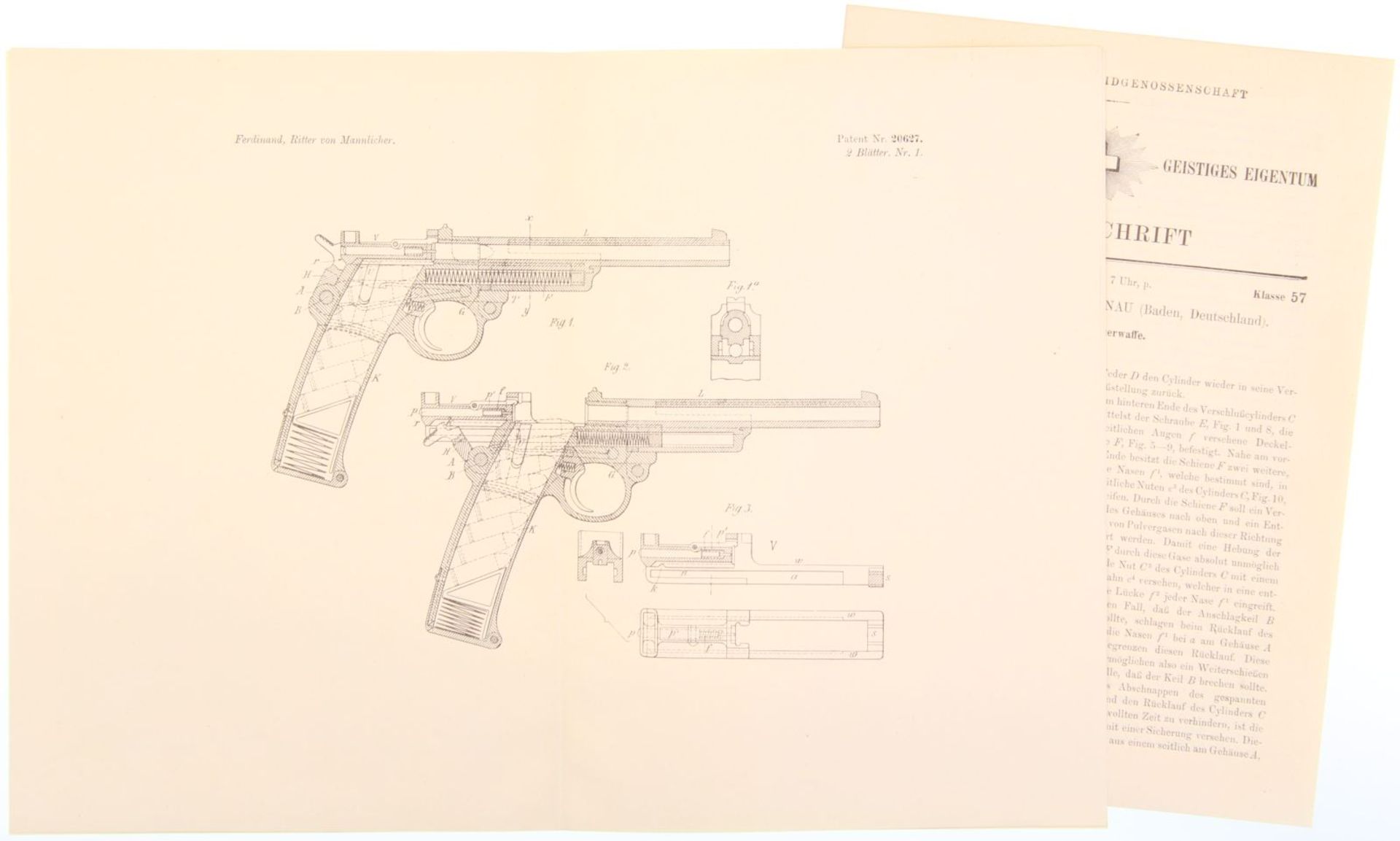 Konvolut von 2 Patentschriften: 1. Mannlicher Pistole 1896, 2. Bergmann-Pistole 1894/96 CHF 80.-