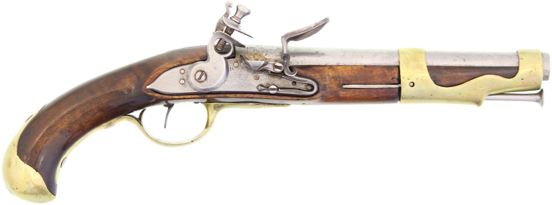 Steinschlosspistole, franz. Mod. 1763, Kal. 17.6mm. Rundlauf, 230mm, Länge 400mm, verwischte