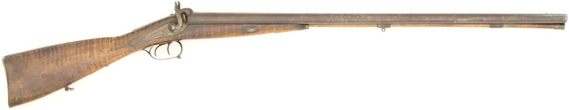 Perkussionsgewehr, Doppelflinte, Schlossblech beschriftet mit: "Menteler Zug". Lauflänge 76cm, stark