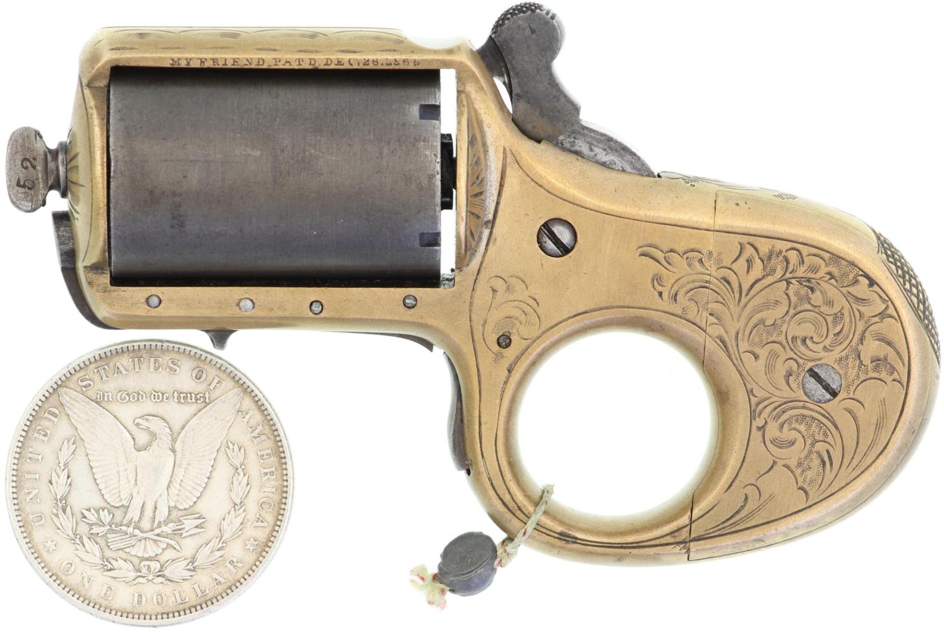 My friend 1865 Pepperbox und Schlagring James Reid, Kal. 32RF. 5-Schuss Trommel, Broncerahmen mit