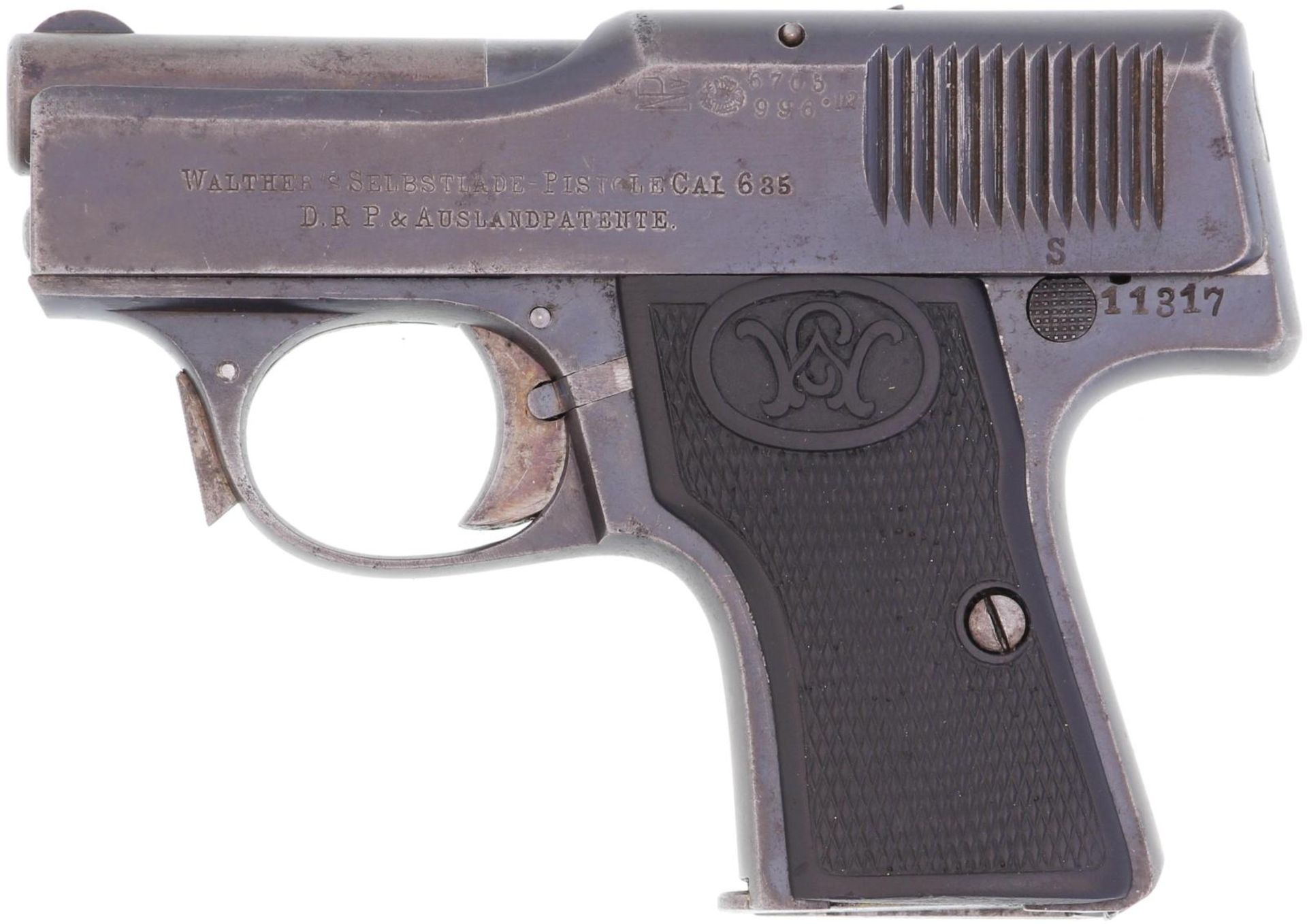 Pistole, Walther Mod. 1, Kal. 6.35mm. Erste Waltherpistole in der ersten Ausführung ohne