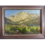 Gemälde, Öl/Lw. auf Holz aufgezogen, Dorfansicht mit Bergmassiv, i.R. 36cm x 27cmMindestpreis: 30