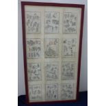 12 Holzschnitte, Japan um 1900, verschiedene Darstellungen, tlw. fleckig, wurmstichig, jeca. 23cm