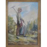 Gemälde, Öl/Holz, um 1930, "Frau mit Rechen und Kanne", i.R. 53cm x 39cm, unsigniertMindestpreis: 50
