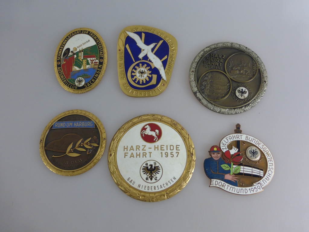 6 ADAC Plaketten, Harz-Heide Fahrt 1957, Rund um Harburg 1953, Bundesgartenschau Dortmund1959,