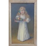 Gemälde, Öl/auf Glas, um 1900, "Mädchen mit Obstschale", Farbe tlw. abgeplatzt, i.R. 59cmx 37cm,