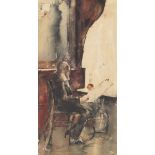 Lesser Ury     1861 Birnbaum - 1931 BerlinZeitungsleser im Café. Ende 1880er Jahre.Aquarell. Links