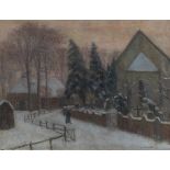 Otto Modersohn     1865 Soest - 1943 FischerhudeWinterabend, Fischerhuder Kirche mit Heimathaus.