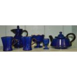 Watcombe Torquay blue glazed teapot, 2 jugs, egg cup, hot water jug & sugar bowl