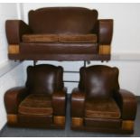 Art Deco leather 3 piece lounge suite