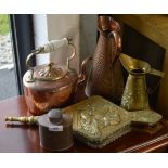 Copper kettle, caddy + ewer & brass ewer + bellows