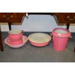 Pink china toilet pail, 2 wash bowls & 2 chambers