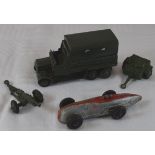 Dinky Racing car & 3 Army pieces