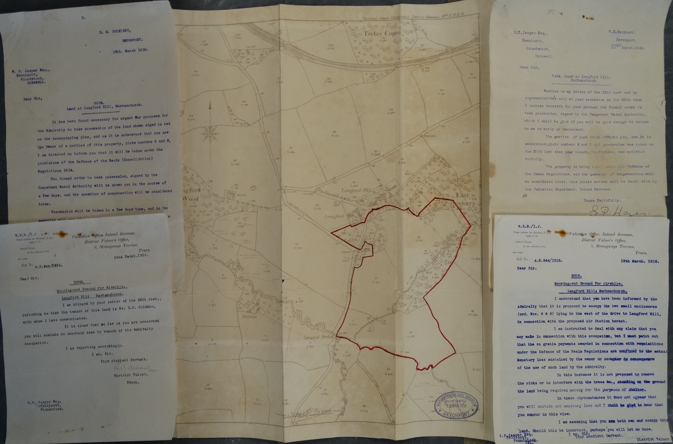 Langford Hill, Marhamchurch, Bude, Cornwall 1918 letters re Mooring Airships & plans