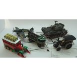 Model tank, Hawker Hurricane & 3 other model vehicles
