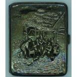 White metal cigarette case with embossed Village Musicians scene to front