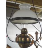 Brass hanging oil lamp with glass shade